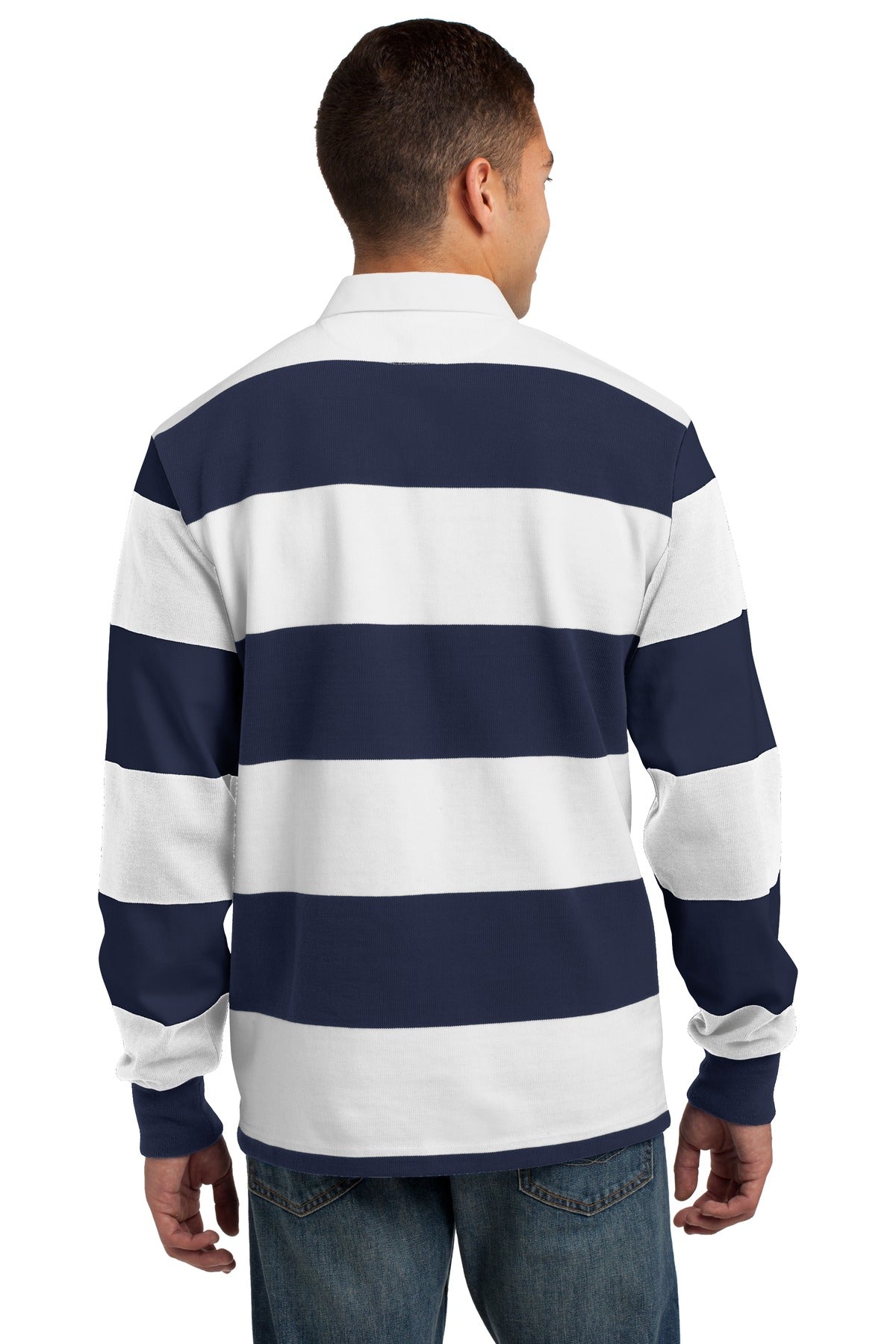 True Navy/Wht Sport-Tek Classic Long Sleeve Rugby Polo. ST301 plain