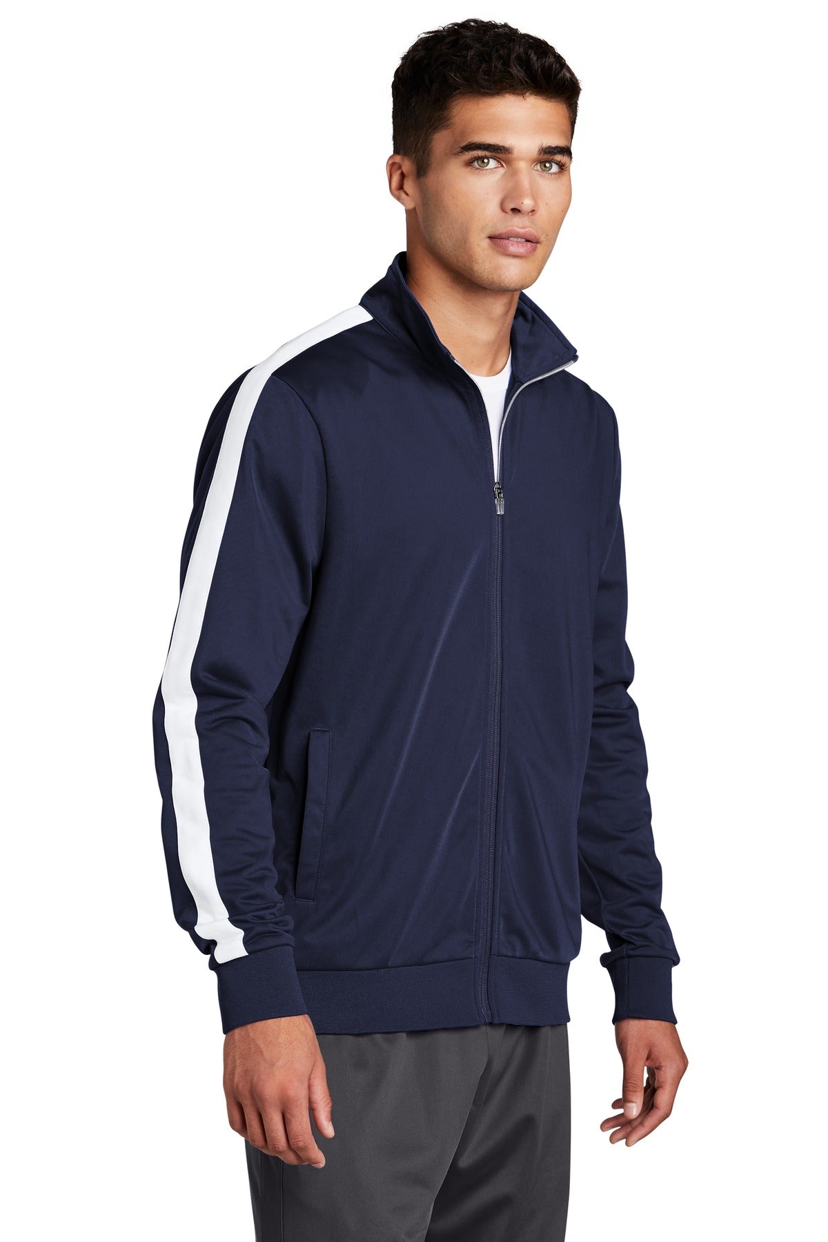 True Navy/Wht Sport-Tek Tricot Sleeve Stripe Track Jacket. JST94 plain