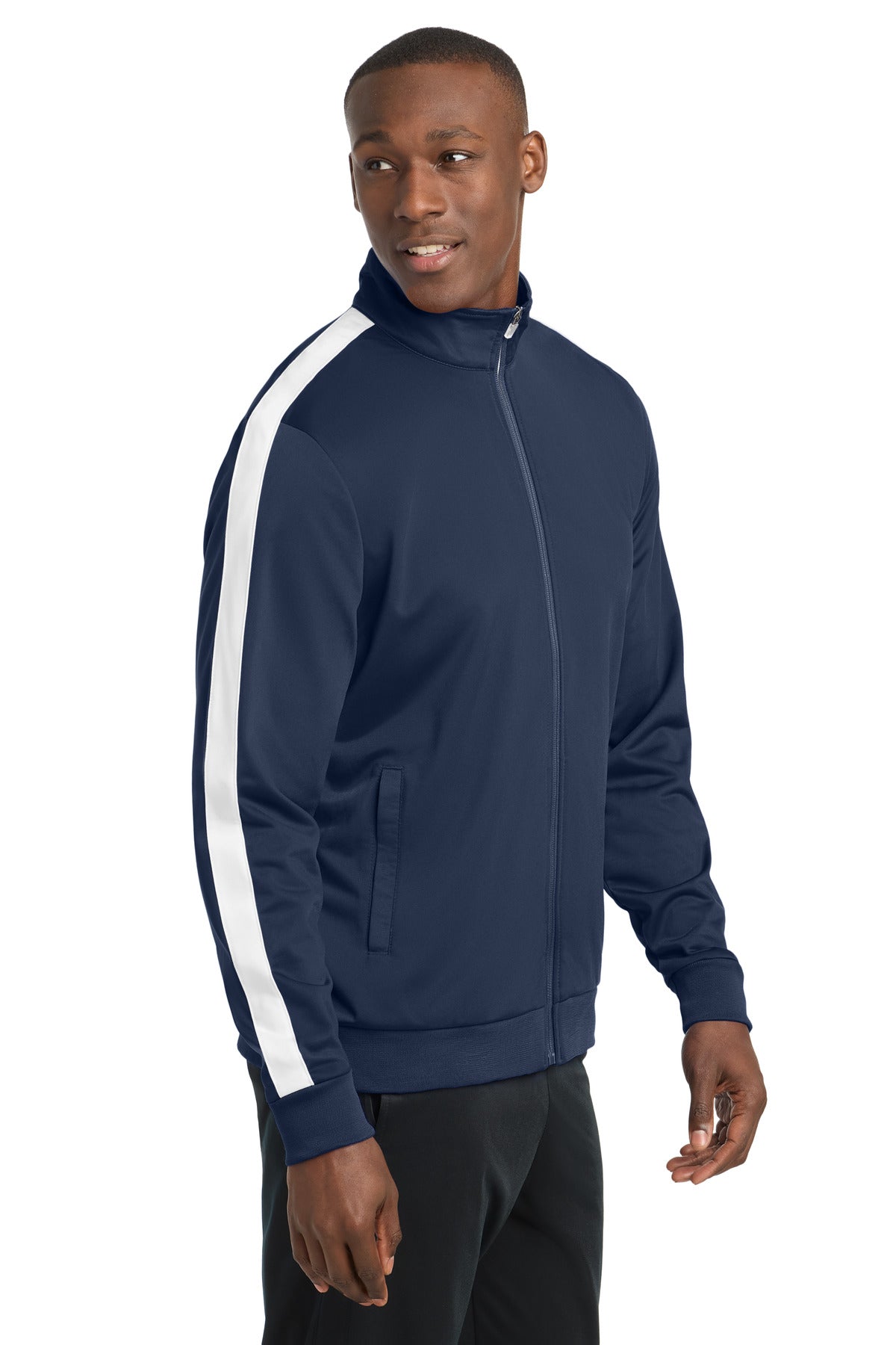 True Navy/Wht Sport-Tek Tricot Sleeve Stripe Track Jacket. JST94 plain