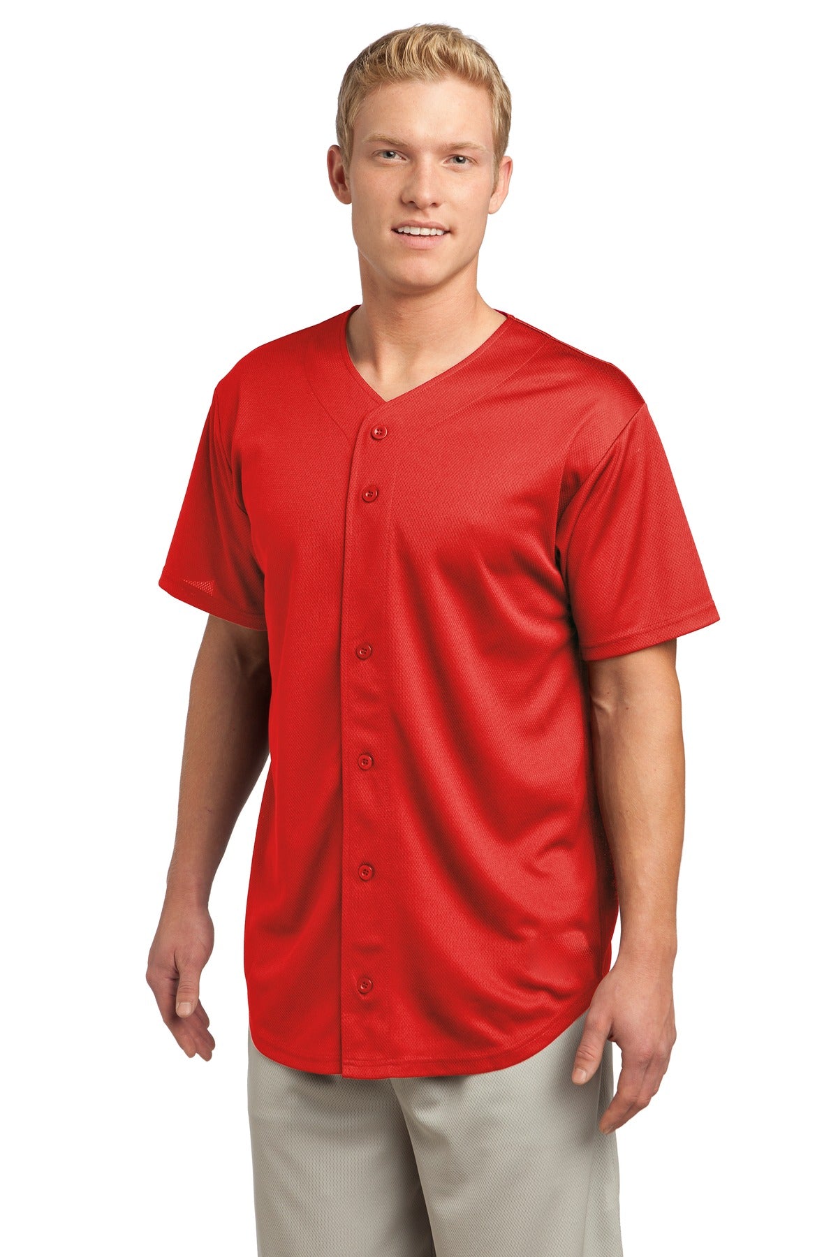 True Red Sport-Tek PosiCharge Tough Mesh Full-Button Jersey. ST220 plain