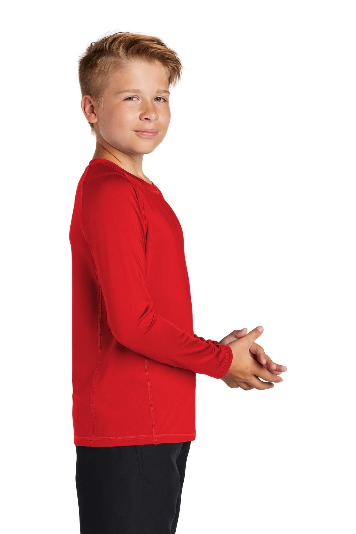 True Red Sport-Tek Youth Long Sleeve Rashguard Tee. YST470LS plain