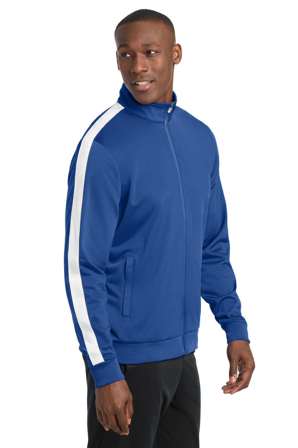 True Royal/Wht Sport-Tek Tricot Sleeve Stripe Track Jacket. JST94 plain