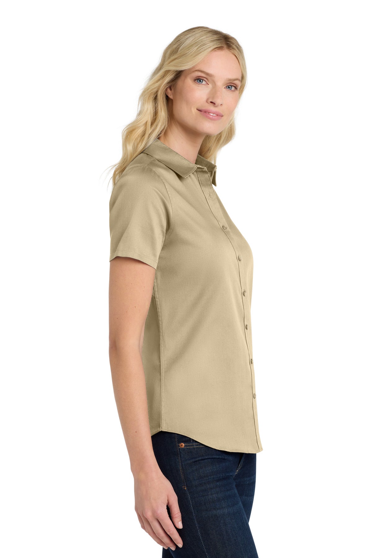Wheat Port Authority Women's Short Sleeve SuperPro React Twill Shirt. LW809 plain
