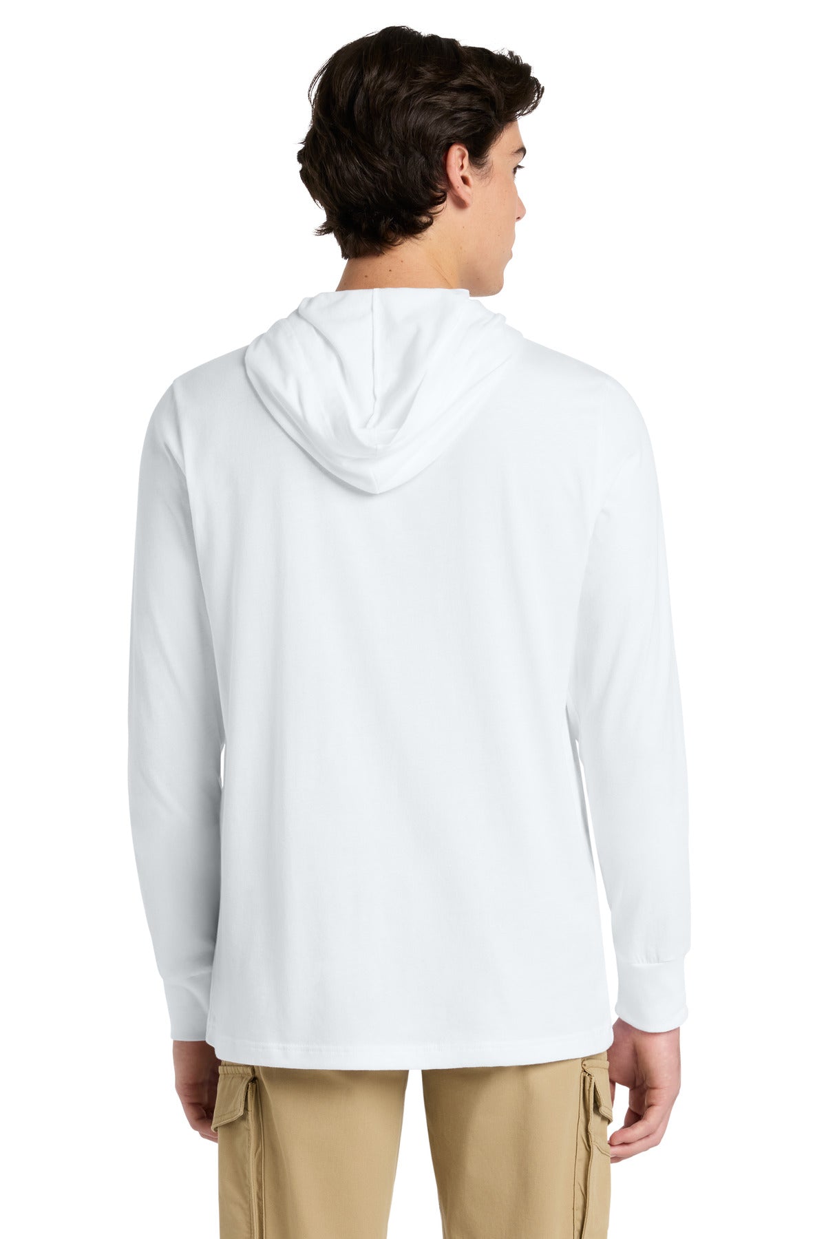 White BELLA+CANVAS Unisex Jersey Long Sleeve Hoodie. BC3512 plain