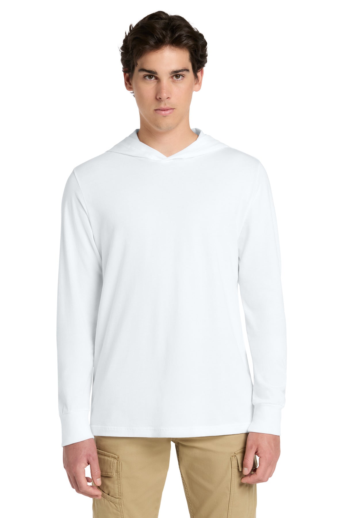 White BELLA+CANVAS Unisex Jersey Long Sleeve Hoodie. BC3512 plain