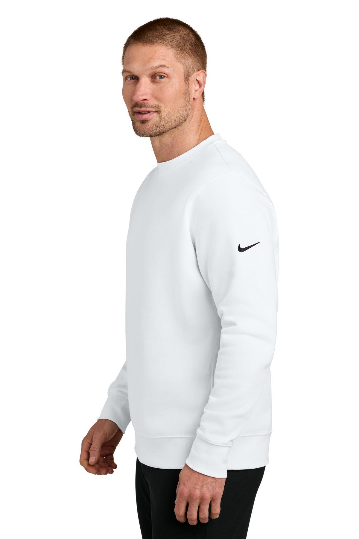 White Nike Club Fleece Sleeve Swoosh Crew NKFD9863