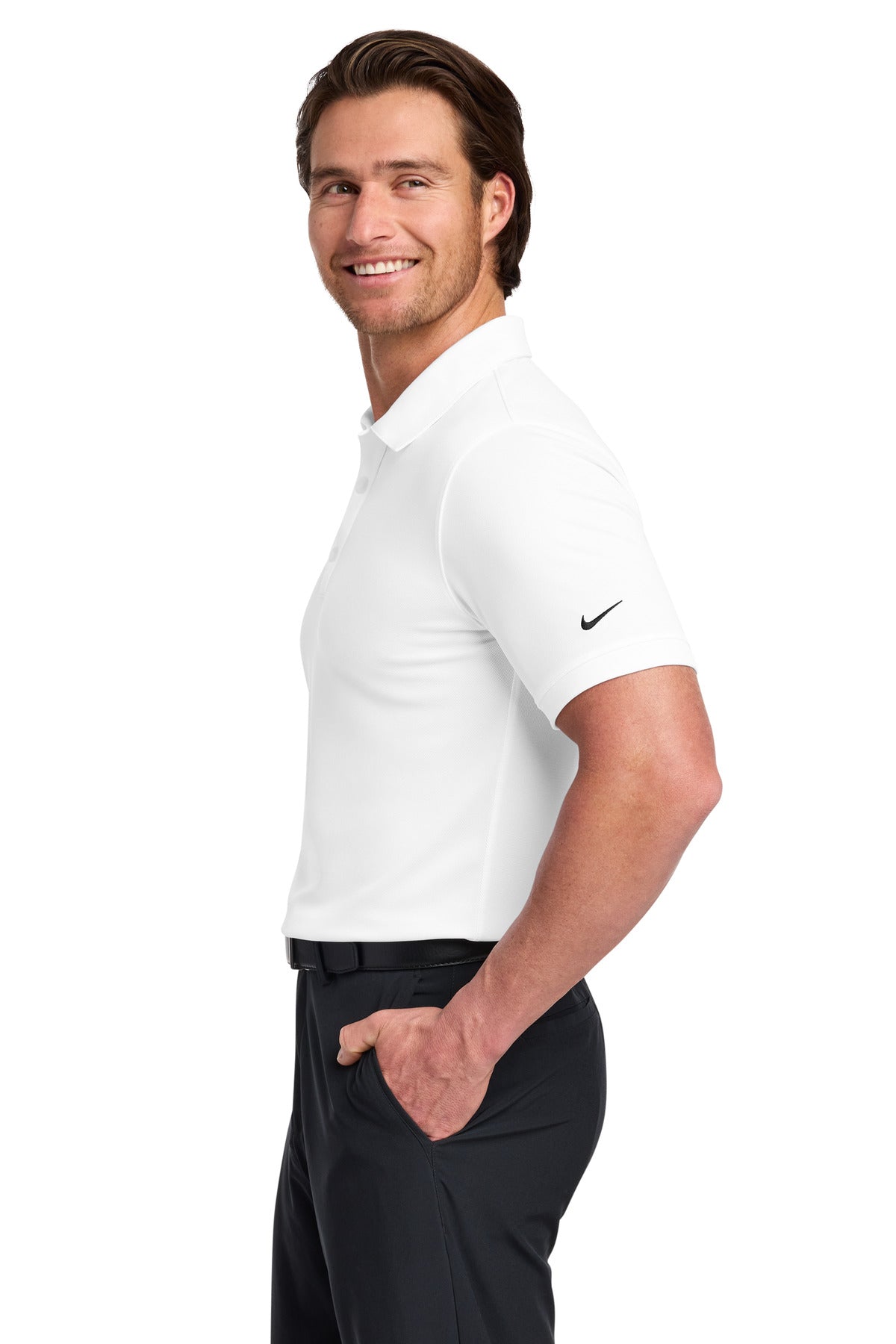 White Nike Dri-FIT Solid Icon Pique Modern Fit Polo. 746099 plain