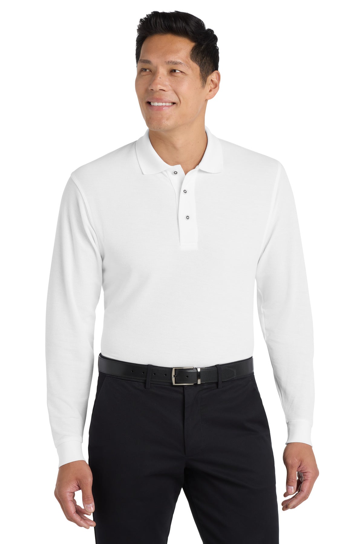 White Port Authority Silk Touch Long Sleeve Polo. K500LS