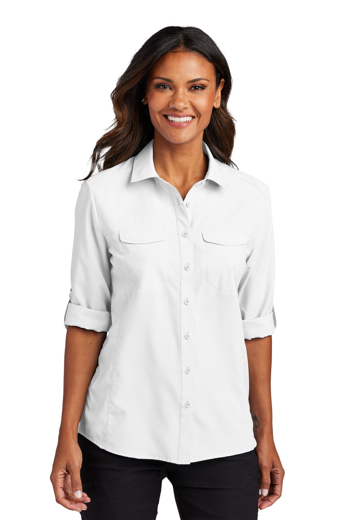 White Port Authority Women's Long Sleeve UV Daybreak Shirt LW960 plain