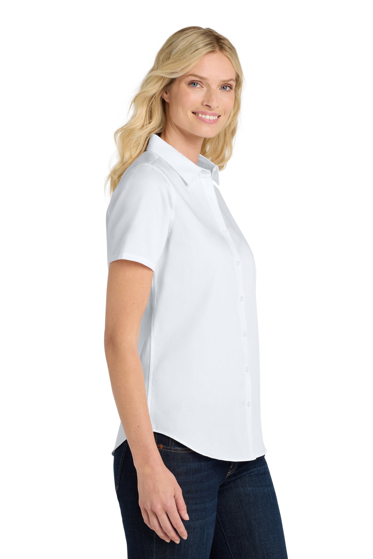 White Port Authority Women's Short Sleeve SuperPro React Twill Shirt. LW809 plain