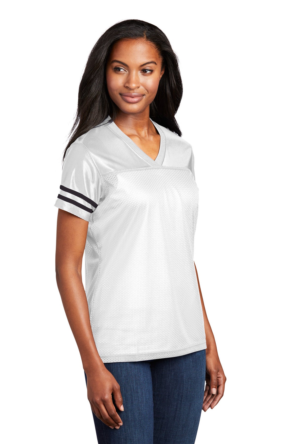 White/Black Sport-Tek Women's PosiCharge Replica Jersey. LST307 plain