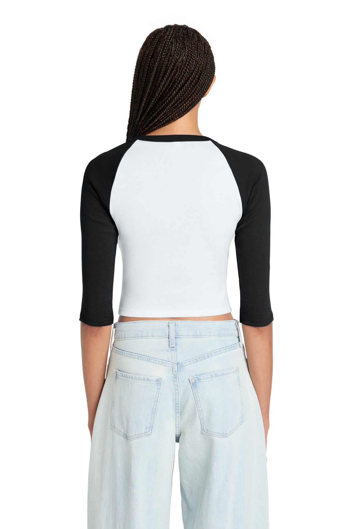 White/Blk BELLA+CANVAS Women's Micro Rib 3/4 Raglan Baby Tee BC1200 plain