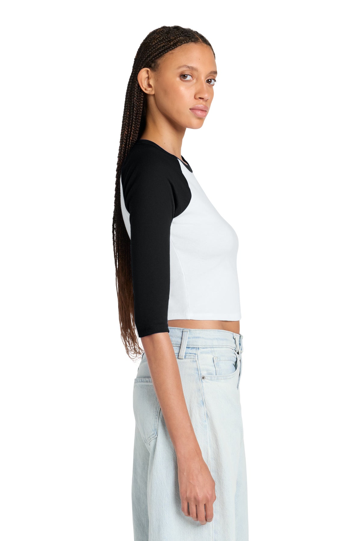 White/Blk BELLA+CANVAS Women's Micro Rib 3/4 Raglan Baby Tee BC1200