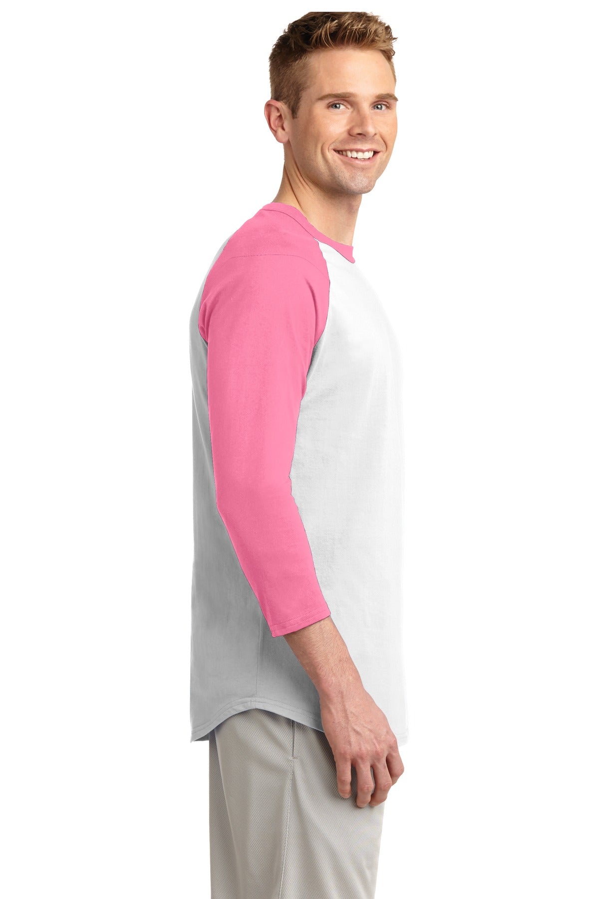 White/Brt Pink Sport-Tek Colorblock Raglan Jersey. T200 plain