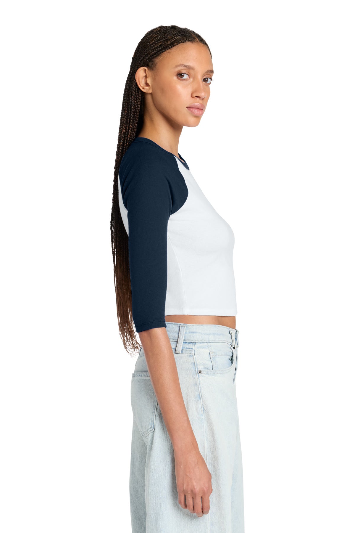 White/Navy BELLA+CANVAS Women's Micro Rib 3/4 Raglan Baby Tee BC1200