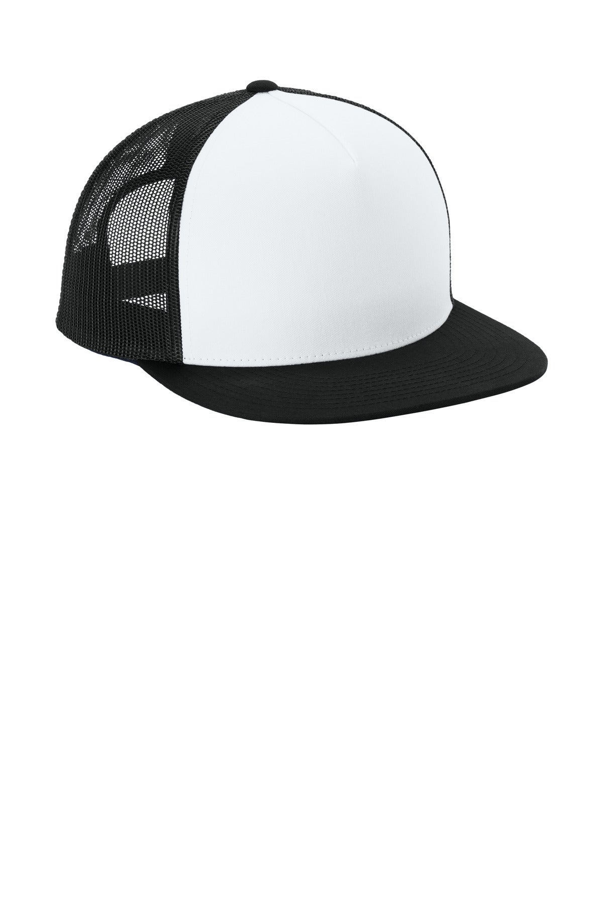 Wht/Bk/Bk Sport-Tek YP Classics 5-Panel Classic Trucker Mesh Back Cap. STC38