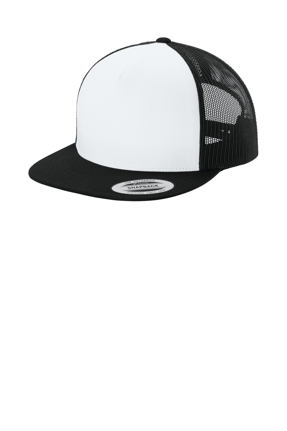 Wht/Bk/Bk Sport-Tek YP Classics 5-Panel Classic Trucker Mesh Back Cap. STC38